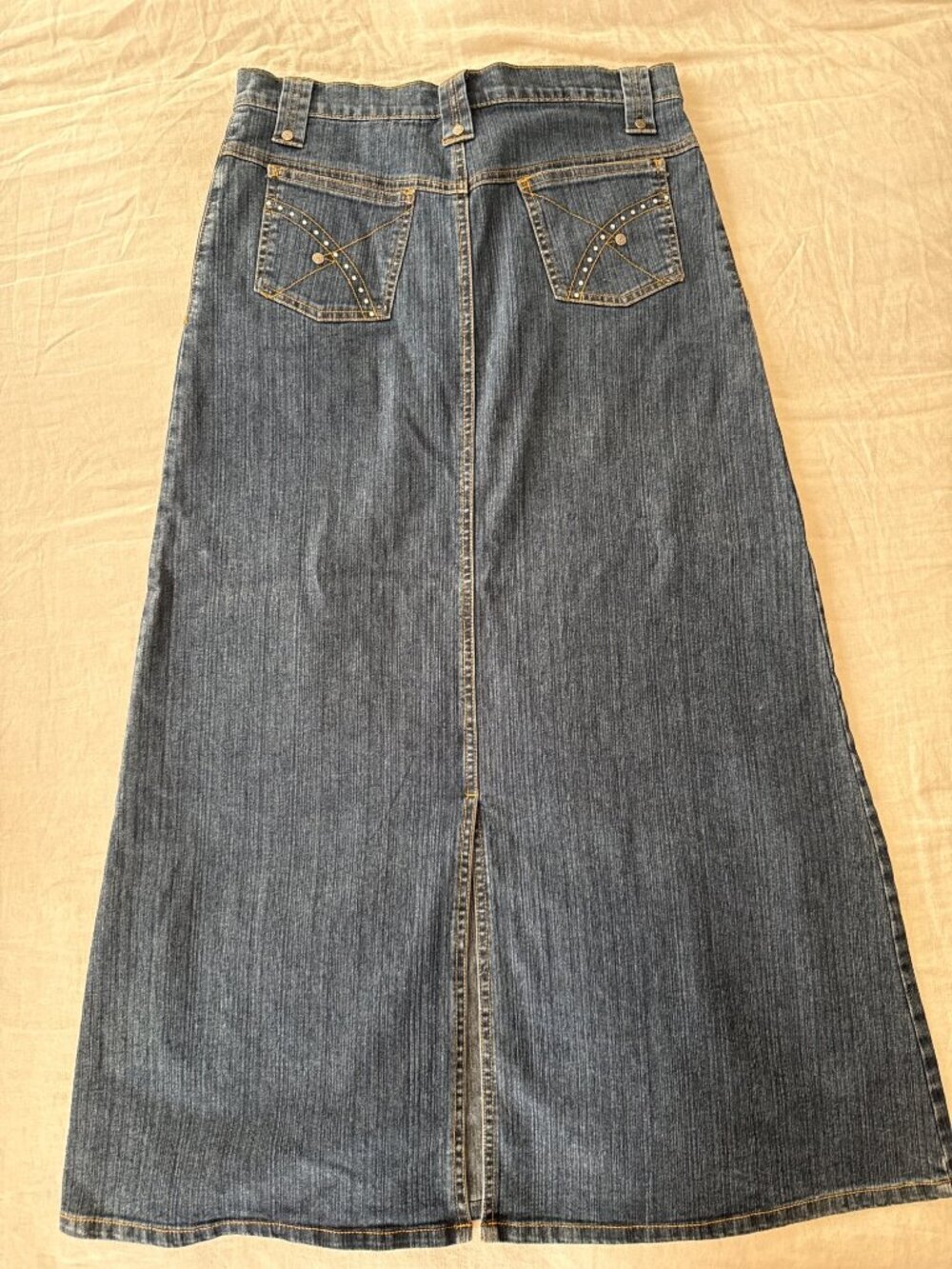 Vintage-Style Dark Wash Maxi Denim Skirt with distinctive Rhinestone or Studded